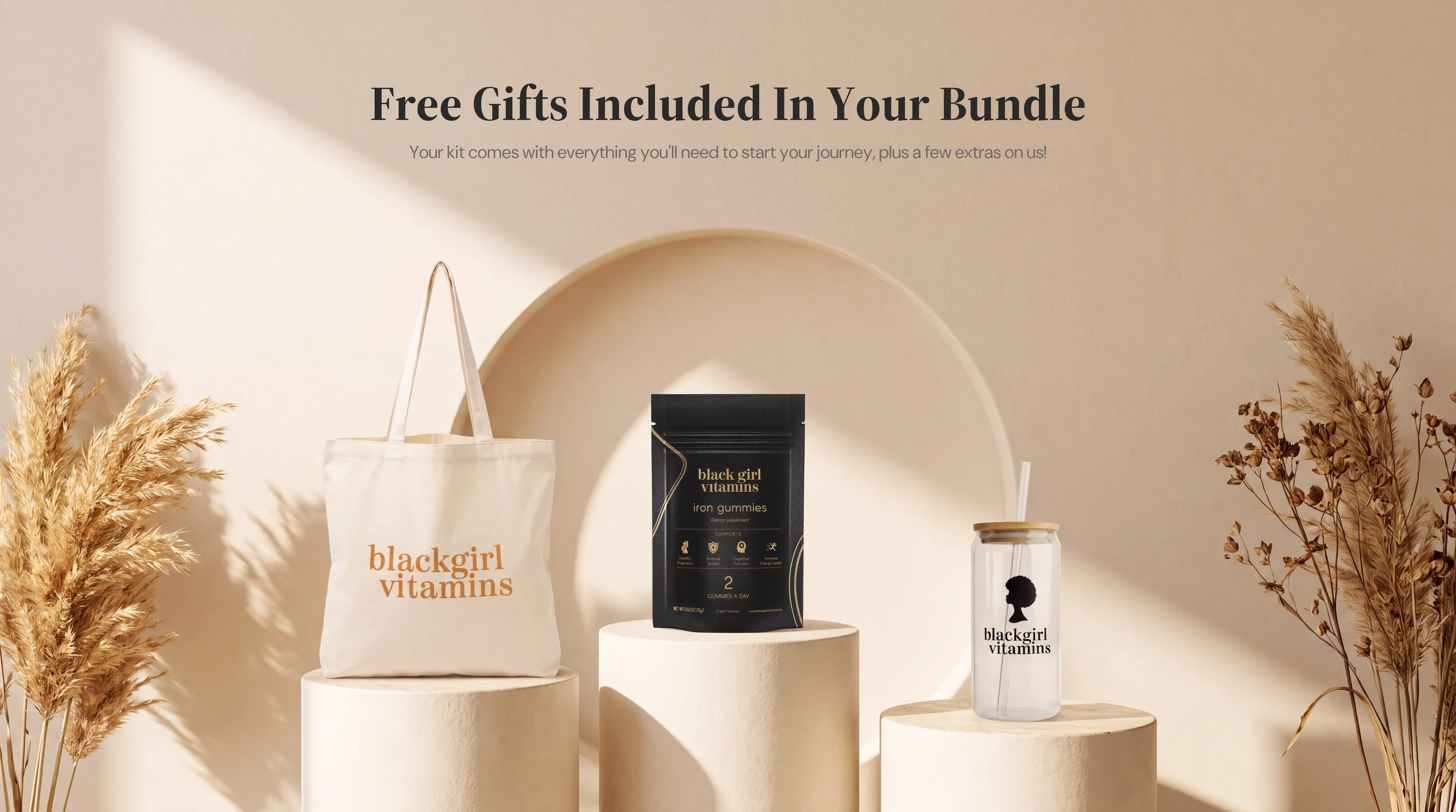 Free Gifts Included In Your Bundle — the BGV tote bag, iron gummies samples and glass straw cup, included free with the Foundation Set