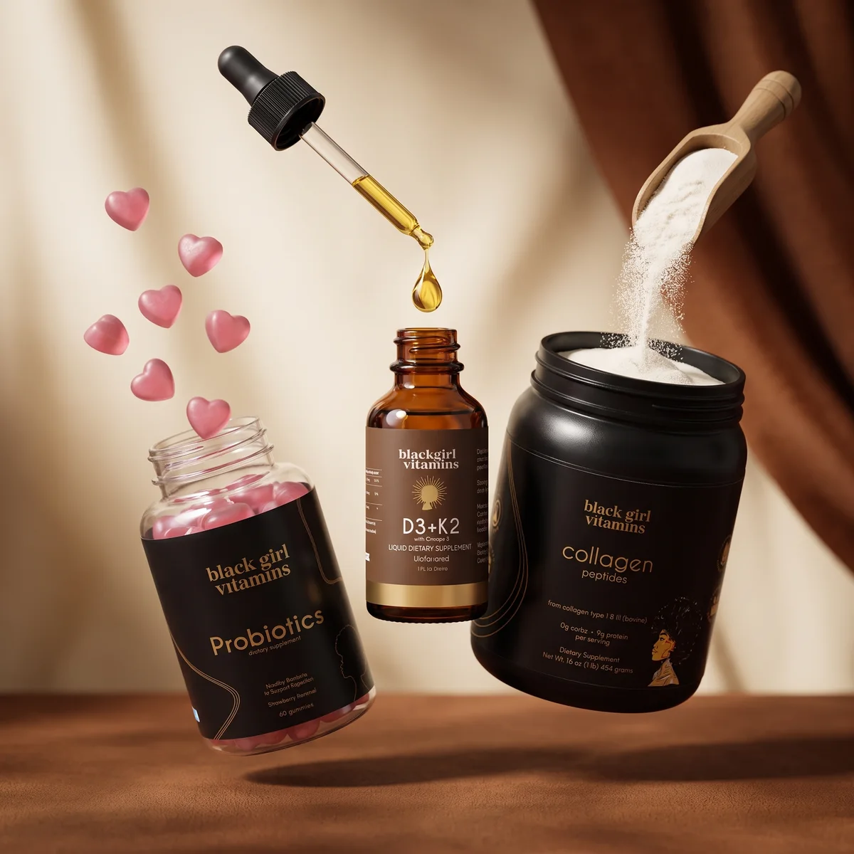 Drops, gummies and collagen powder in motion